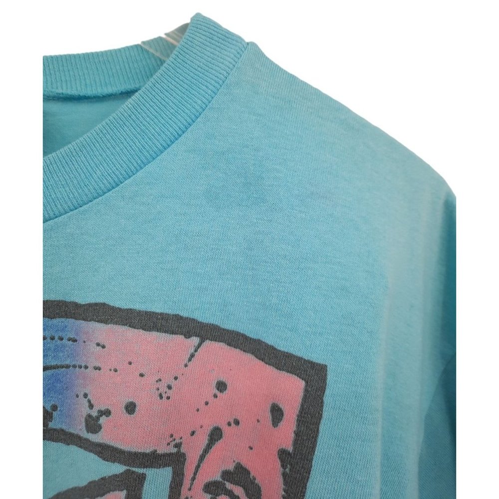 VTG 80s Just On Blue Neon Beach Graphic Crop Tee Half Shirt Shell Sailboat M - Picture 4 of 6